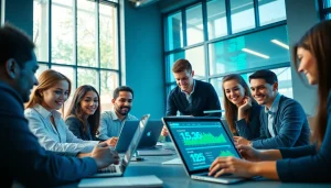 Young professionals collaborating on a crypto mining app in a modern workspace.