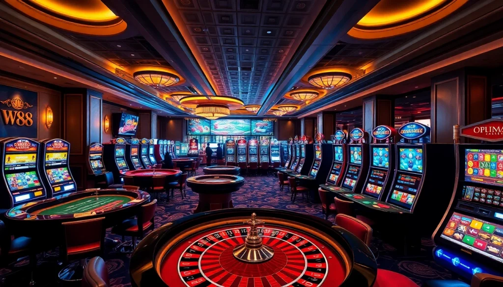 Link to W88 showing a professional casino setup with vibrant slot machines and gaming tables.