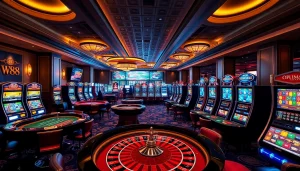 Link to W88 showing a professional casino setup with vibrant slot machines and gaming tables.