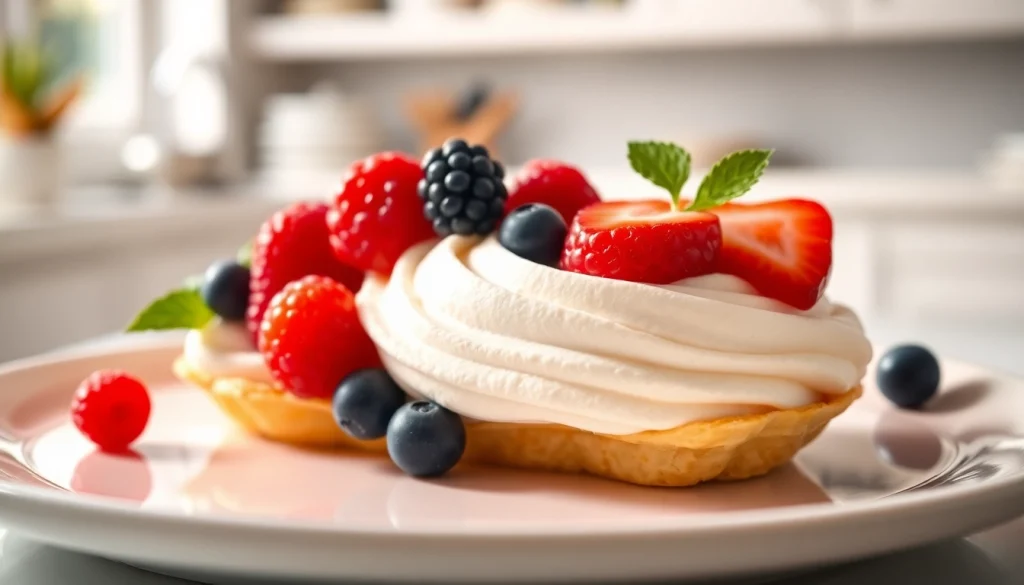 Bereiding van mousseline crème op een elegante taart met verse bessen.
