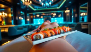 Body sushi presentation on a model at Club Noir, showcasing an elegant nightlife experience.