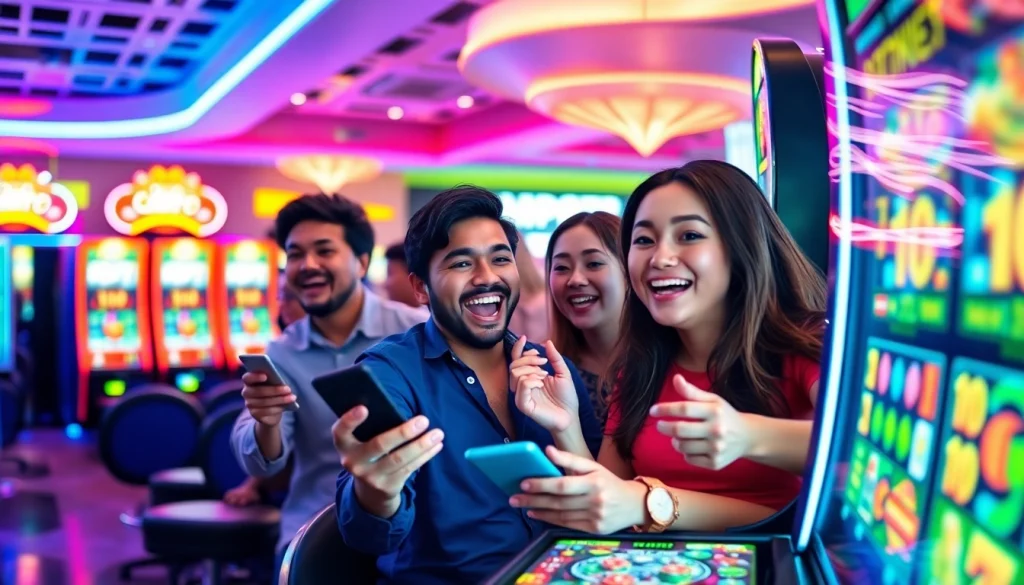 Permainan slot deposit pulsa yang seru dengan pemain merayakan kemenangan, colorful ambiance.