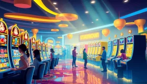 Exciting online casino scene showcasing slot hoki games with vibrant slot machines and engaged players.