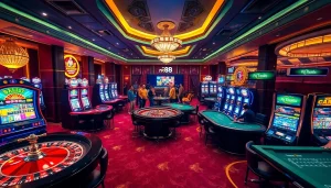 Experience the excitement of rr88 gratis at a luxurious casino with vibrant gaming tables and dynamic slots.