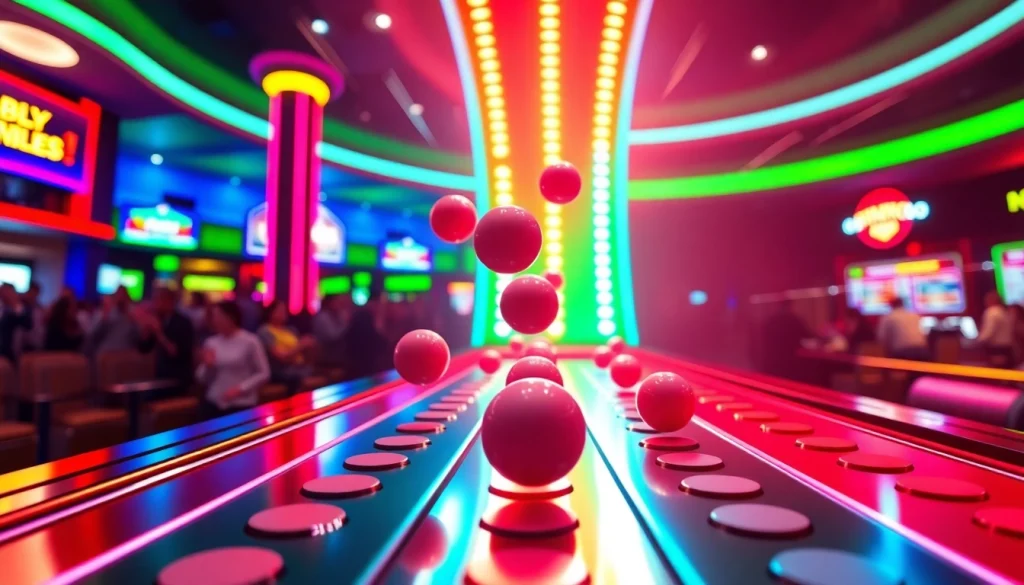 Menangkan hadiah dalam permainan situs plinko di latar kasino yang semarak.