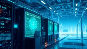 AI-driven dogecoin cloud mining facility showcasing renewable energy sources and advanced technology.