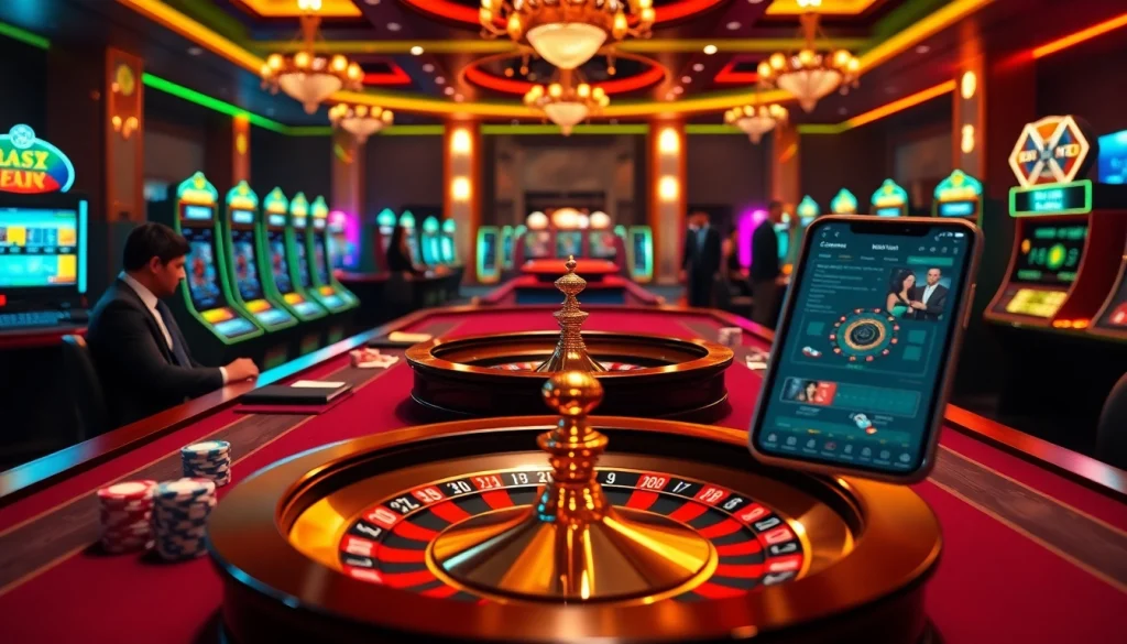An engaging casino scene highlighting W88 link offers with gaming tables, vibrant slot machines, and professional dealers.