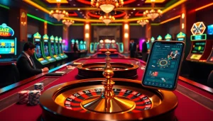 An engaging casino scene highlighting W88 link offers with gaming tables, vibrant slot machines, and professional dealers.