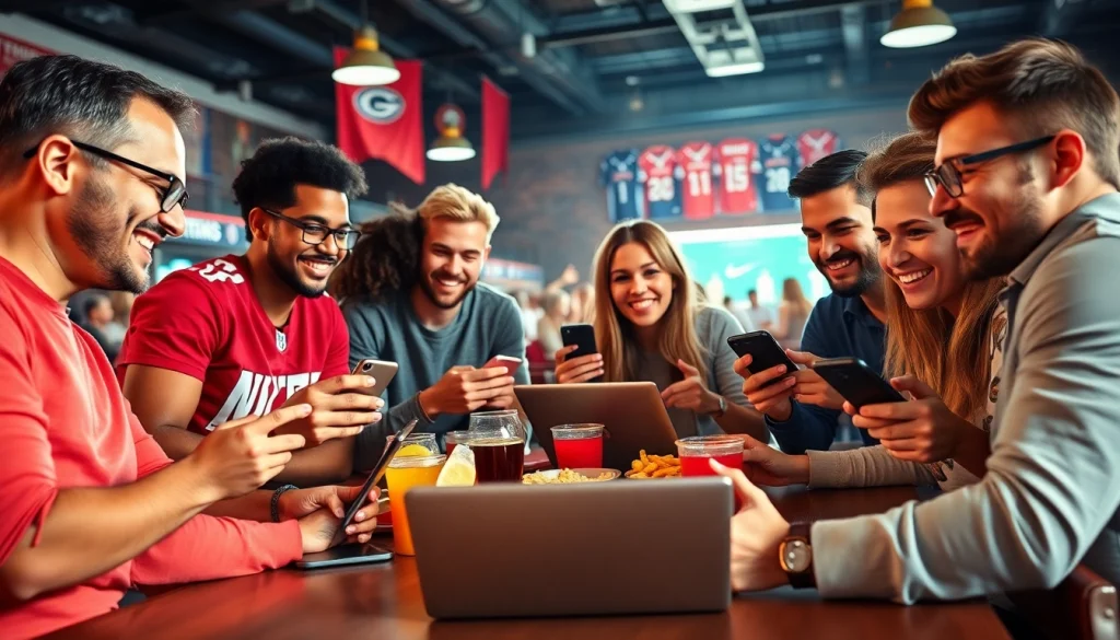 Friends enjoying sports betting while engaging with sports betting sites Texas on their devices.
