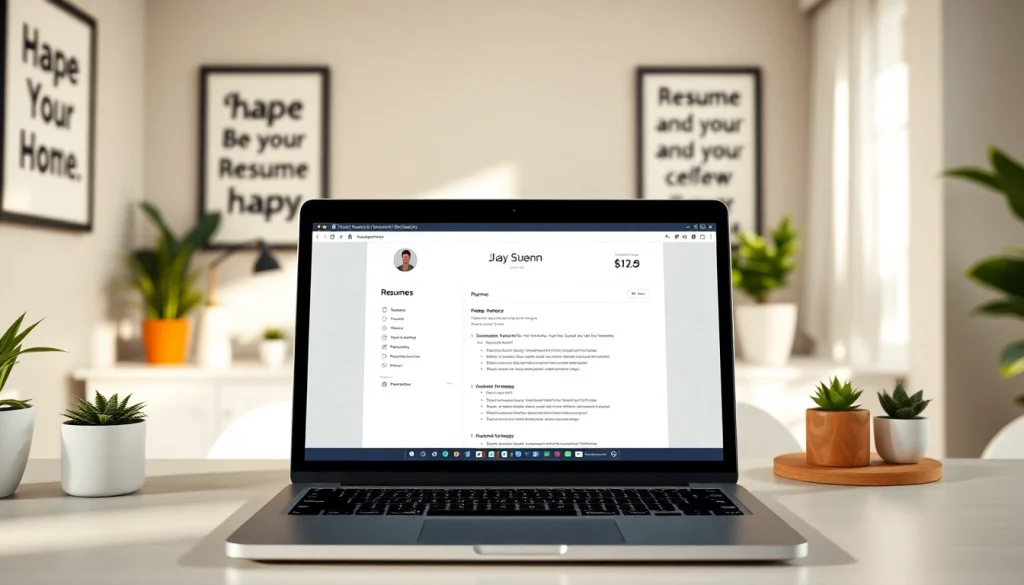 Design a standout Resume Builder in a cozy home office with a modern laptop and engaging interface.