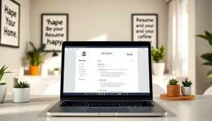 Design a standout Resume Builder in a cozy home office with a modern laptop and engaging interface.