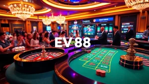Players engaging in an exciting game at the EV88 casino table, showcasing vibrant chips and cards.