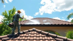 Roof cleaning service using eco-friendly methods in Kissimmee, showcasing a technician revitalizing a residential roof.