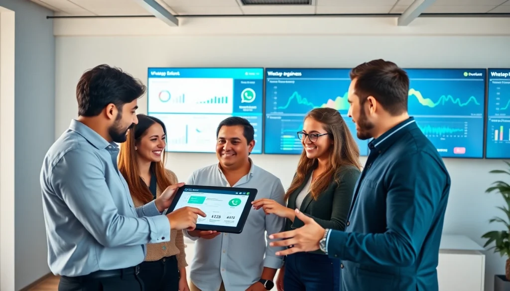 Enhance customer relations with WhatsApp Business CRM illustrated in a dynamic office setting.