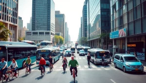 Transportation scene depicting various vehicles in a bustling city environment with pedestrians.