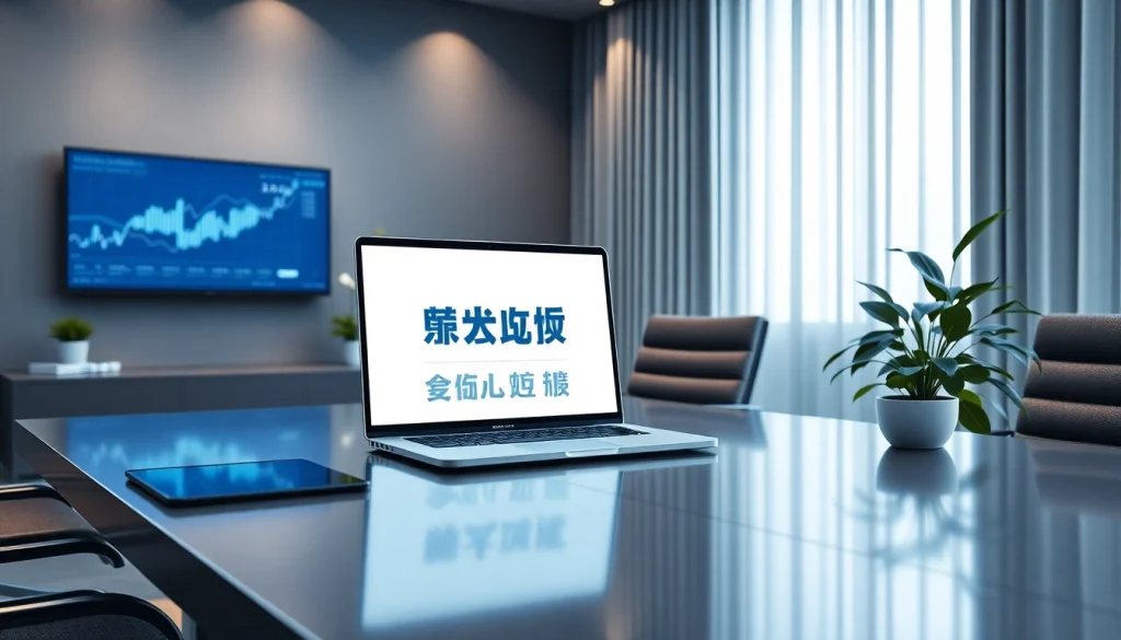 상품권신용카드를 보여주는 노트북이 있는 세련된 오피스의 시각적 이미지로, 금융 서비스의 전문성을 전달합니다.