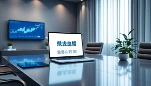 상품권신용카드를 보여주는 노트북이 있는 세련된 오피스의 시각적 이미지로, 금융 서비스의 전문성을 전달합니다.