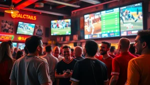 Engaged sports fans discussing sports betting sites California in a vibrant sports bar atmosphere.