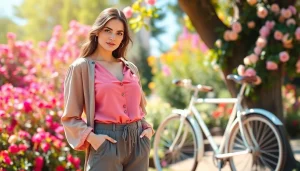 Rivelle model elegantly showcasing stylish clothing in a vibrant outdoor garden setting.