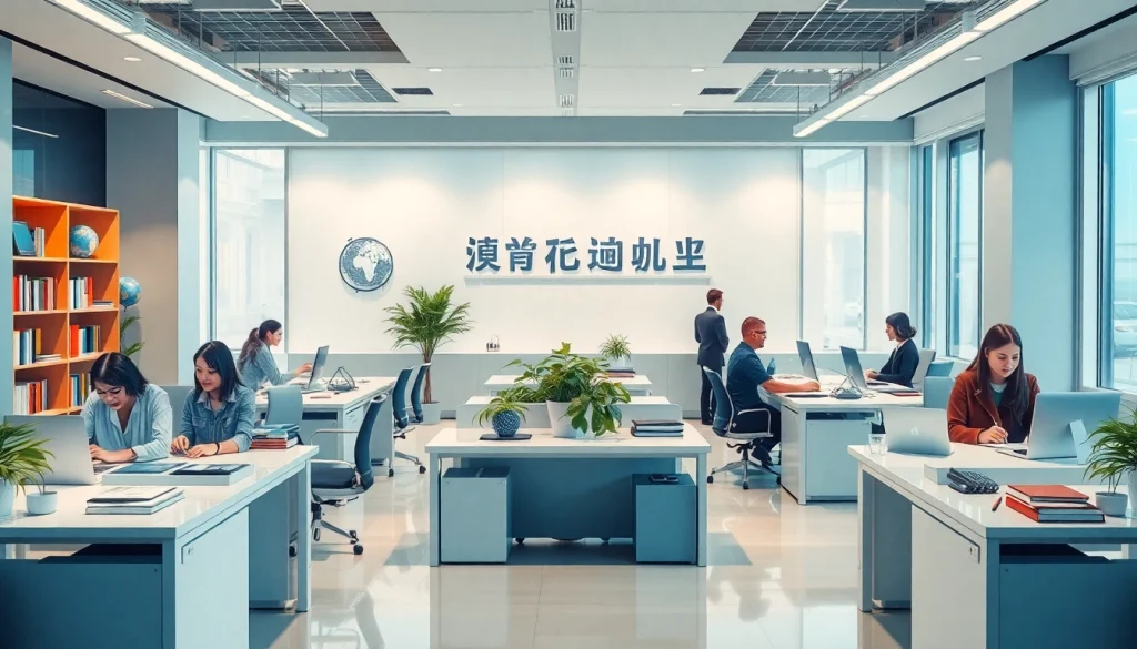 Bureau moderne d'agence de traduction présentant des professionnels au travail, mettant en valeur les services d'agence de traduction.