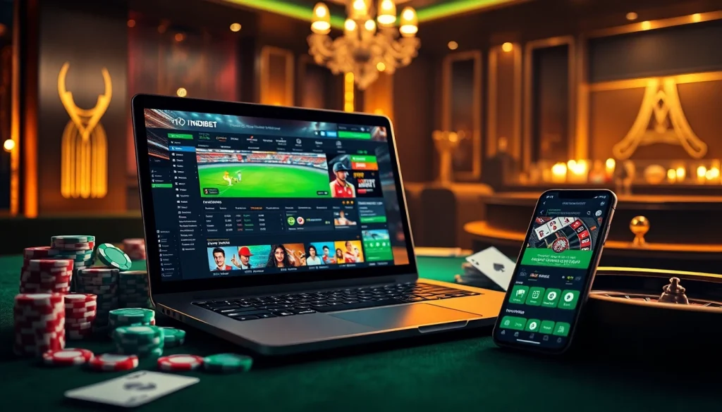 Engage in indibet online betting on a modern laptop with vibrant sports graphics and casino elements.