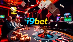 I9bet logo prominently featured in a dynamic casino scene with players at a poker table.