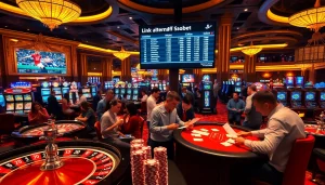 Link alternatif sbobet: Players engaging in high-stakes betting at a vibrant casino scene