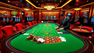 Dynamic gaming scene at nhà cái xin88 showcasing dealers at a blackjack table with vibrant casino elements.