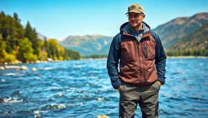 Sample of fly fishing apparel featuring waterproof jackets and breathable waders in an outdoor setting.