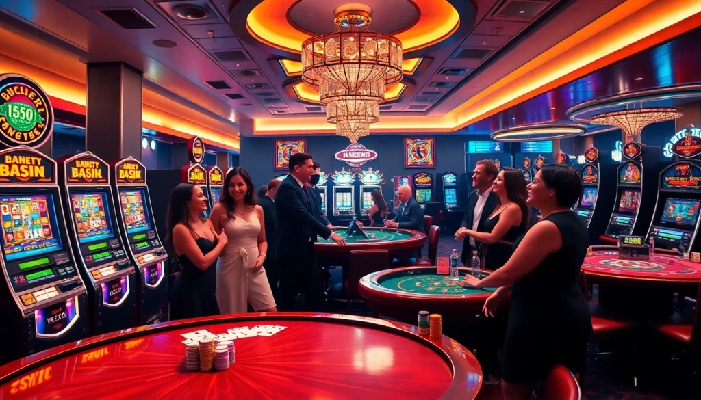 Exciting casino experience at bk8th with players engaged at card tables and vibrant slot machines.