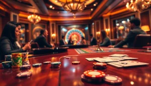 Suasana kasino yang menarik menampilkan Datukwin Alternatif dengan chip poker berwarna-warni dan kartu.