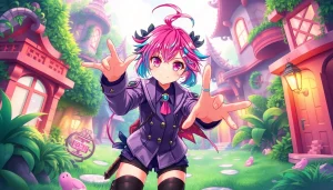 Anime character in a vibrant setting from a hentai game, showcasing fantasy elements and playful adventure.