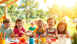 Children enjoying activities at holiday camps, engaging in fun crafts, in a bright outdoor setting.