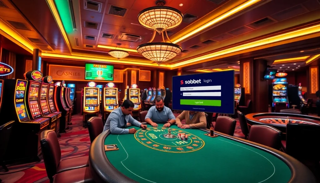 Exciting casino scene showcasing sbobet login interface and vibrant gambling activities.