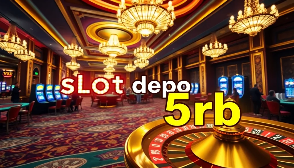 Players enjoying vibrant slot machines featuring slot depo 5rb in a luxurious casino setting.