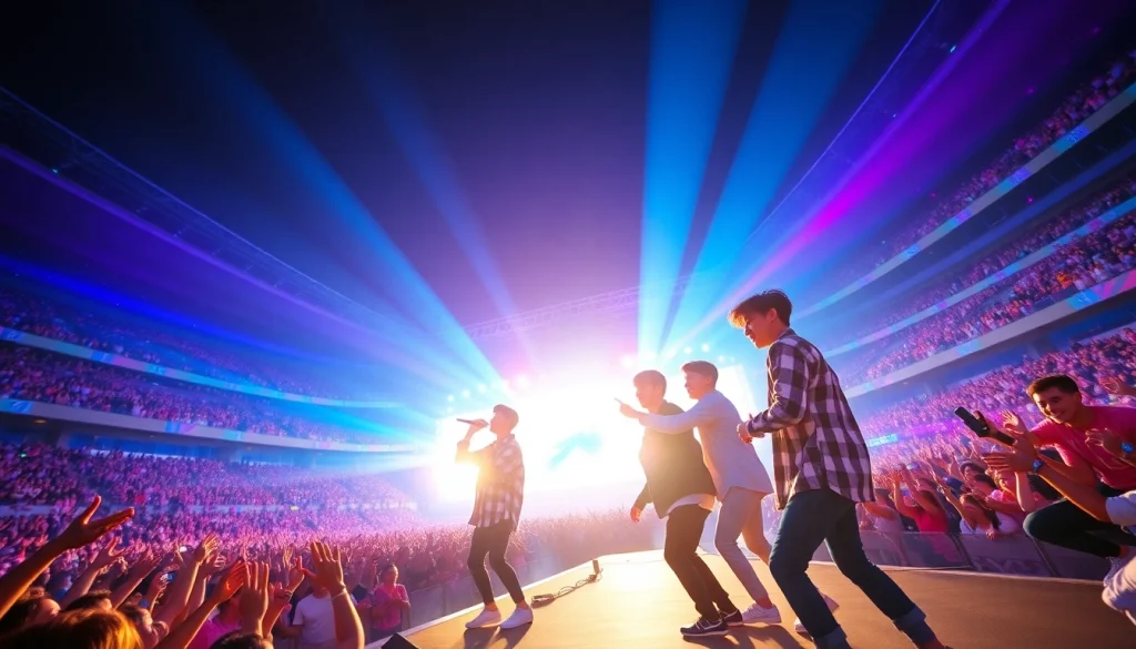 BTS news concert scene showing members joyfully performing with fans cheering energetically.