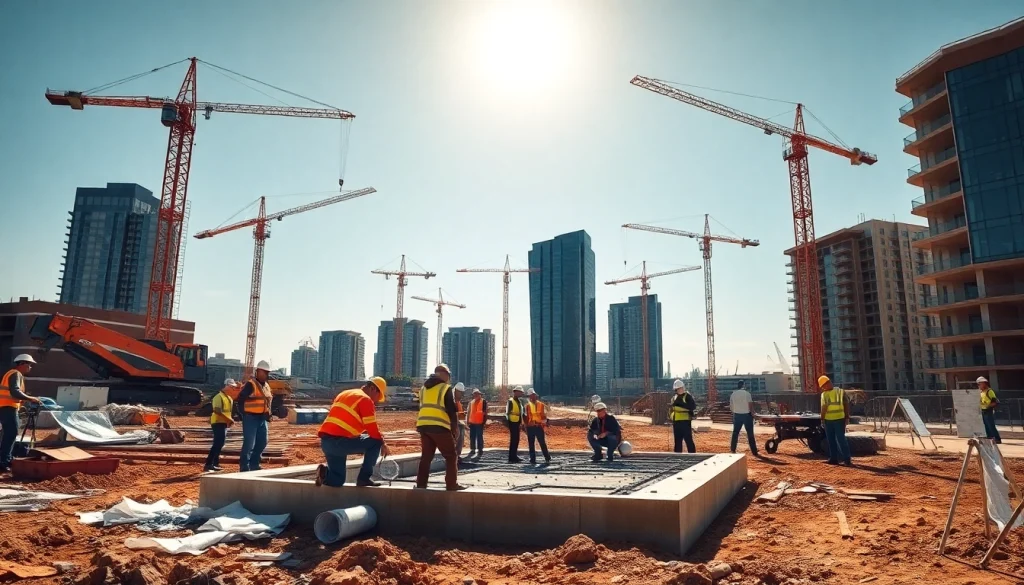 Austin construction workers collaborating on a bustling site with cranes and buildings.