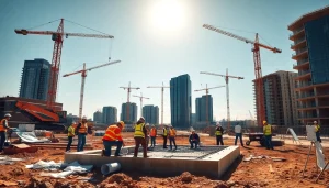 Austin construction workers collaborating on a bustling site with cranes and buildings.