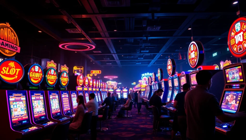 Permainan slot deposit 1k dengan mesin slot bergaya modern dan pemain yang menikmati pengalaman bermain.