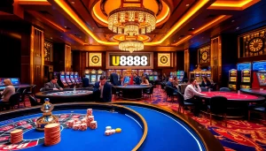 Playing high-stakes poker at U8888 casino with vibrant chips and a betting atmosphere.