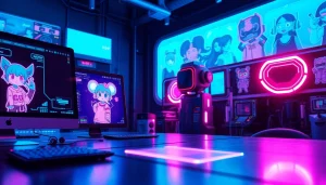 Futuristic scene showcasing NSFW AI technology with digital interfaces and character designs.