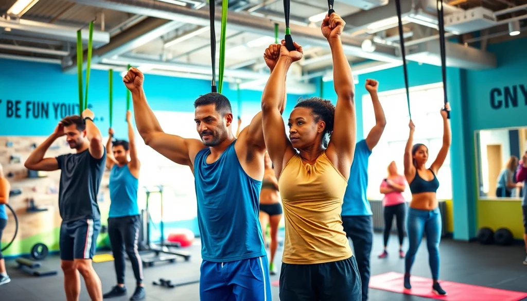 Active individuals using stretch bands for pull-ups in a vibrant urban gym environment.