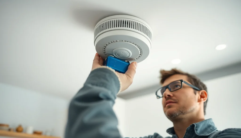 Ensuring safety with a smoke detector battery installation in a modern kitchen.