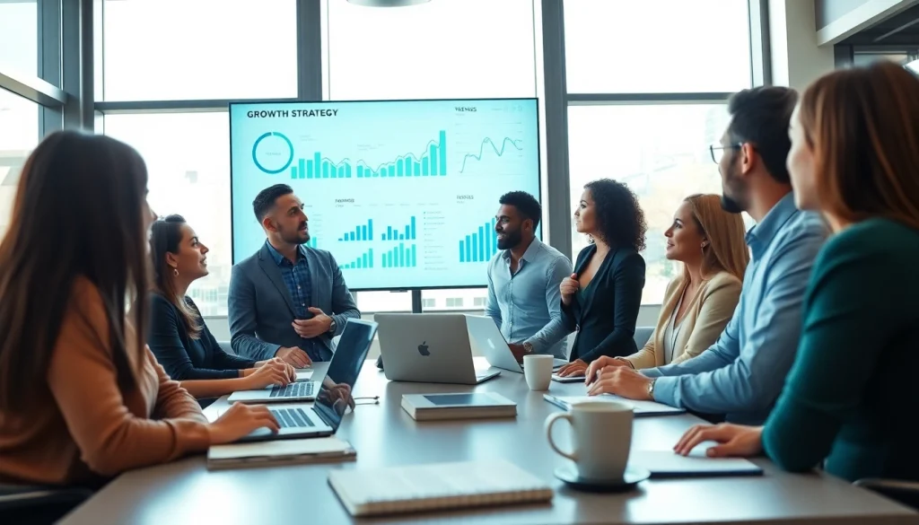 Analyze growth strategy trends in a professional business meeting with diverse individuals.