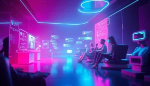 Engaging scene of NSFW AI chatbots in a futuristic digital landscape with avatars and holographic displays.