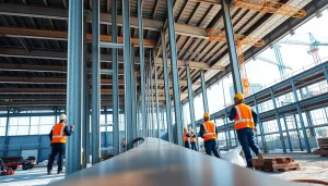 Workers engaged in structural steel installation, showcasing assembly on a construction site.