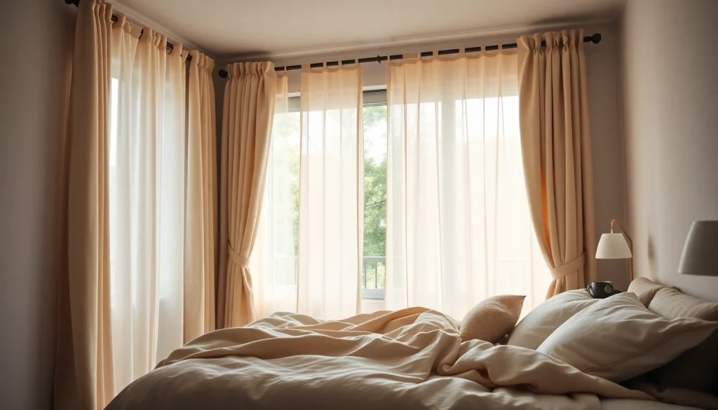 Verduisterende gordijnen in een gezellige slaapkamer creëren een rustige sfeer en blokkeren het zonlicht.