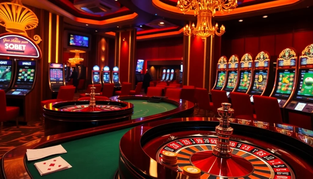 Engage in sbobet online betting with a luxurious casino atmosphere featuring vibrant tables and mobile interfaces.