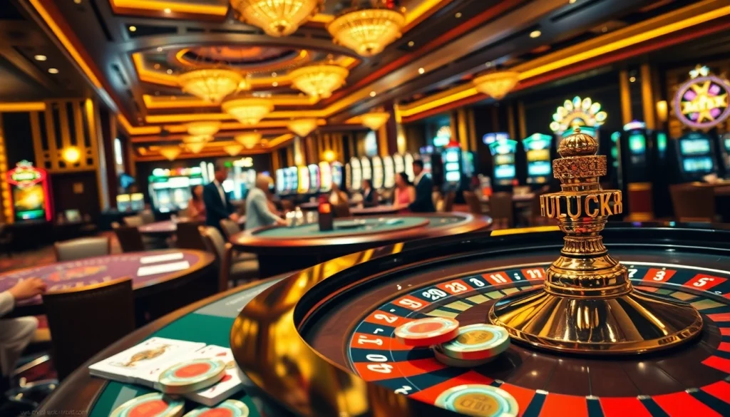 Chơi các trò chơi hấp dẫn tại casino LUCK8 với bàn roulette sống động và những quân chip poker.