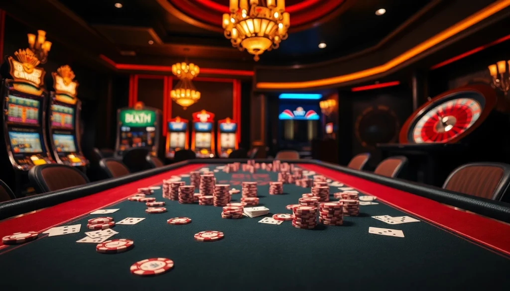 Exciting BK8TH gaming table scene with poker chips and roulette wheel.